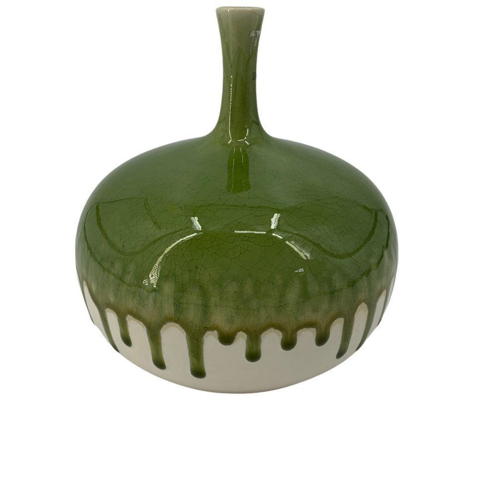 Global Views 0166 Medium Size Green Drip Ceramic Pottery Decor Bottle